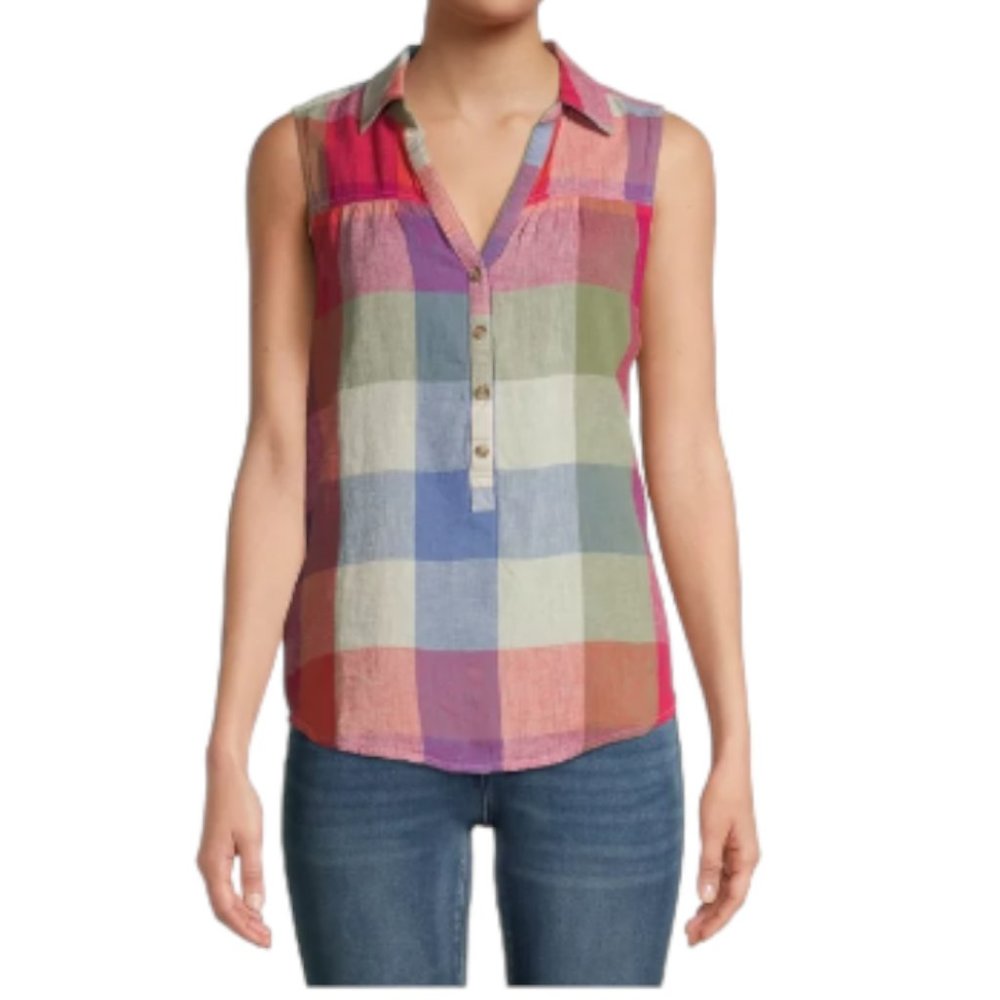 Time and Tru Womens Small‎ Sleeveless Multicolor Plaid Linen Blend Popover Top